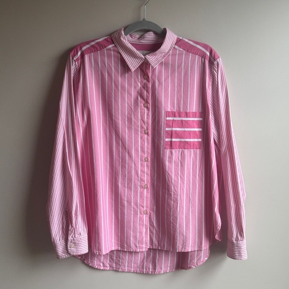 LOFT Pink Striped Poplin Oversized Pocket Button Down Size Large - Picture 4 of 8